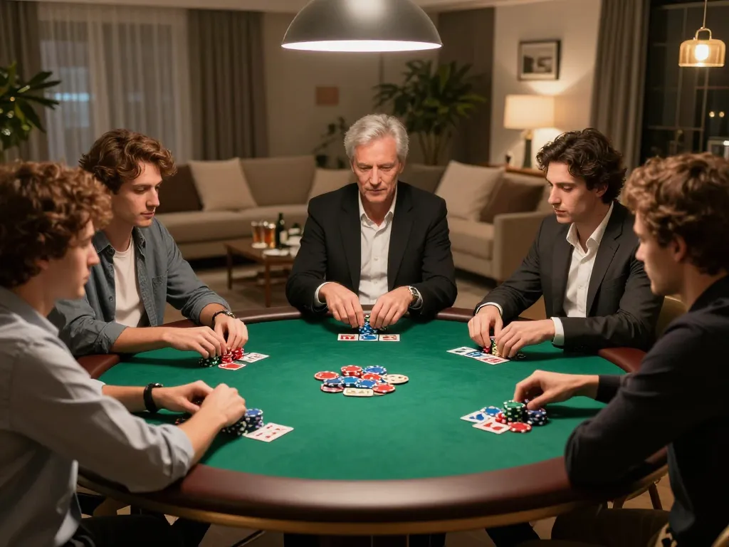 Players enjoying a strategic poker game at home with BL555 in focus, capturing camaraderie and competition.