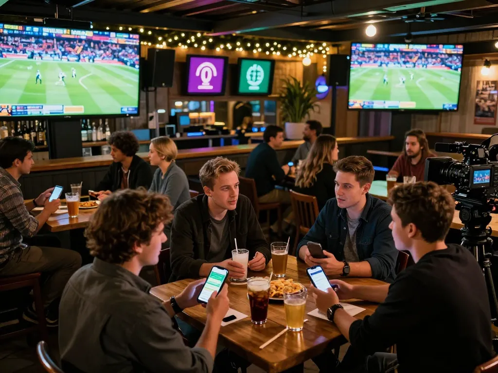 Engaged friends place bets using kèo nhà cái 88 apps at a lively sports bar