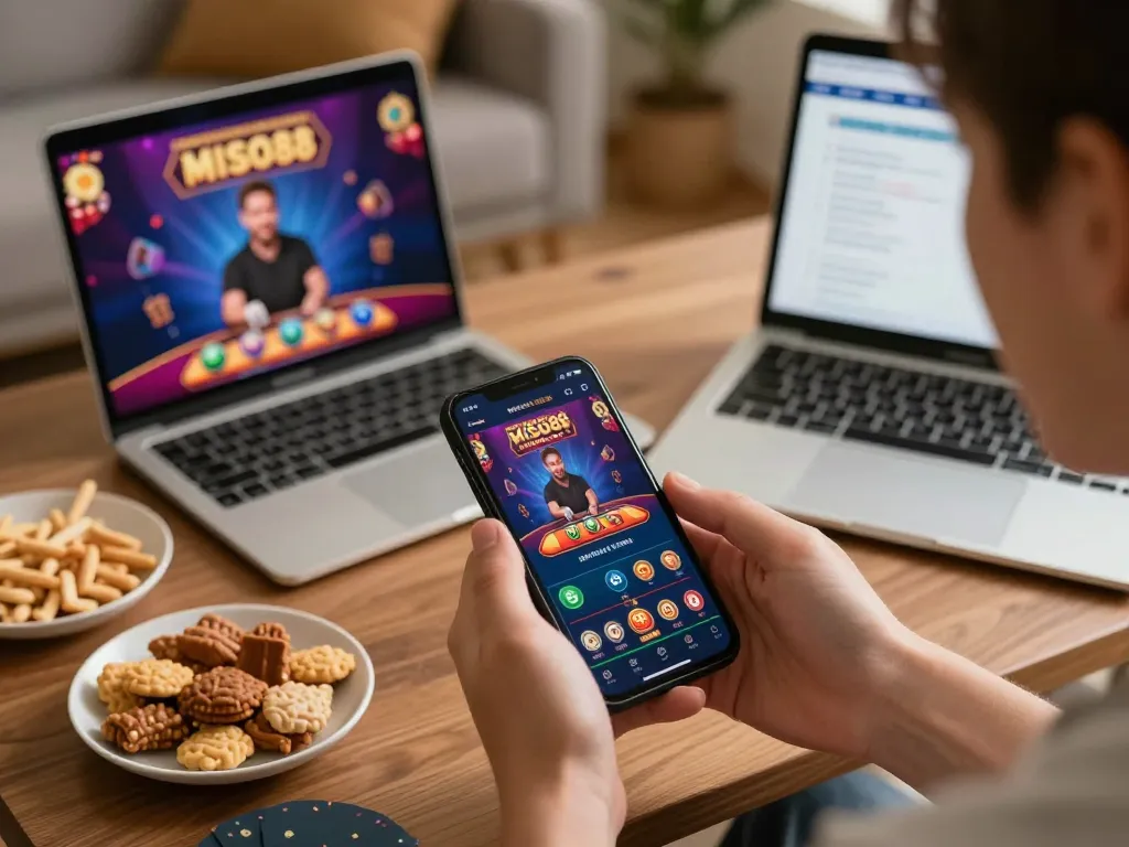 MISO88 player engaging in a live dealer game on mobile, showcasing a vibrant online casino experience.