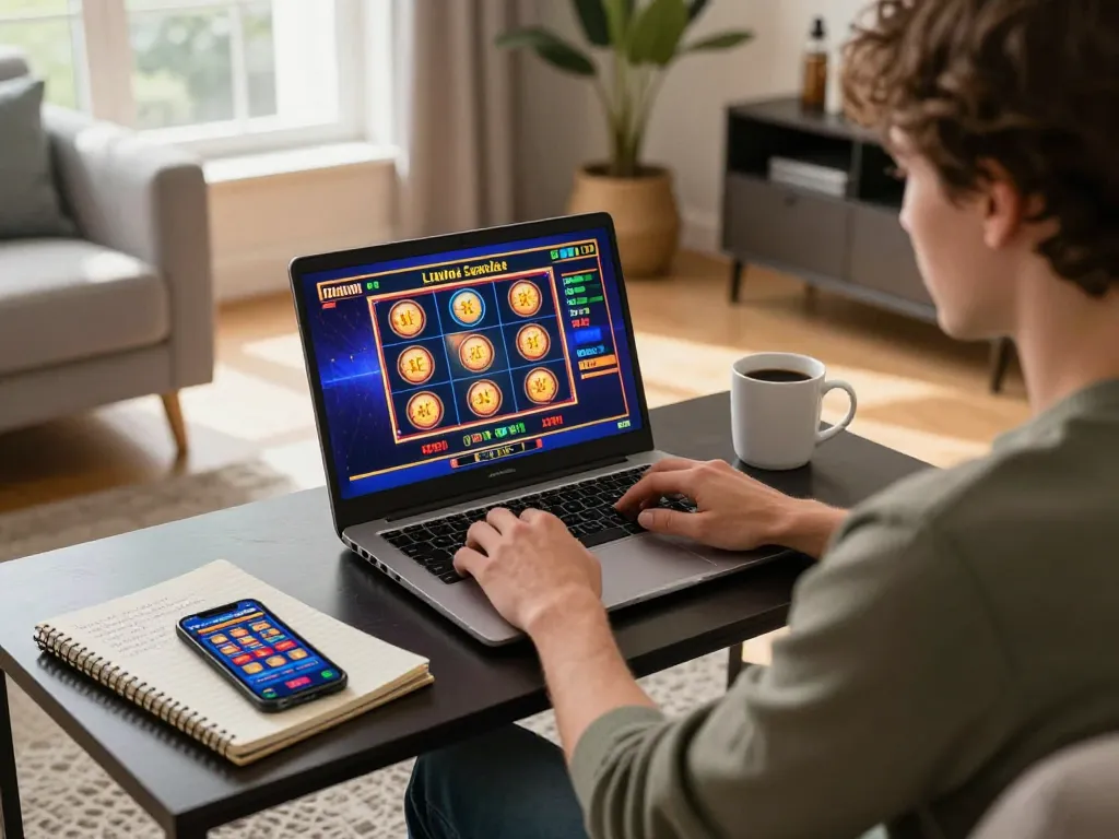 Player engaging in online casino gaming at home with gen88h displayed on laptop screen, showcasing excitement and strategy.