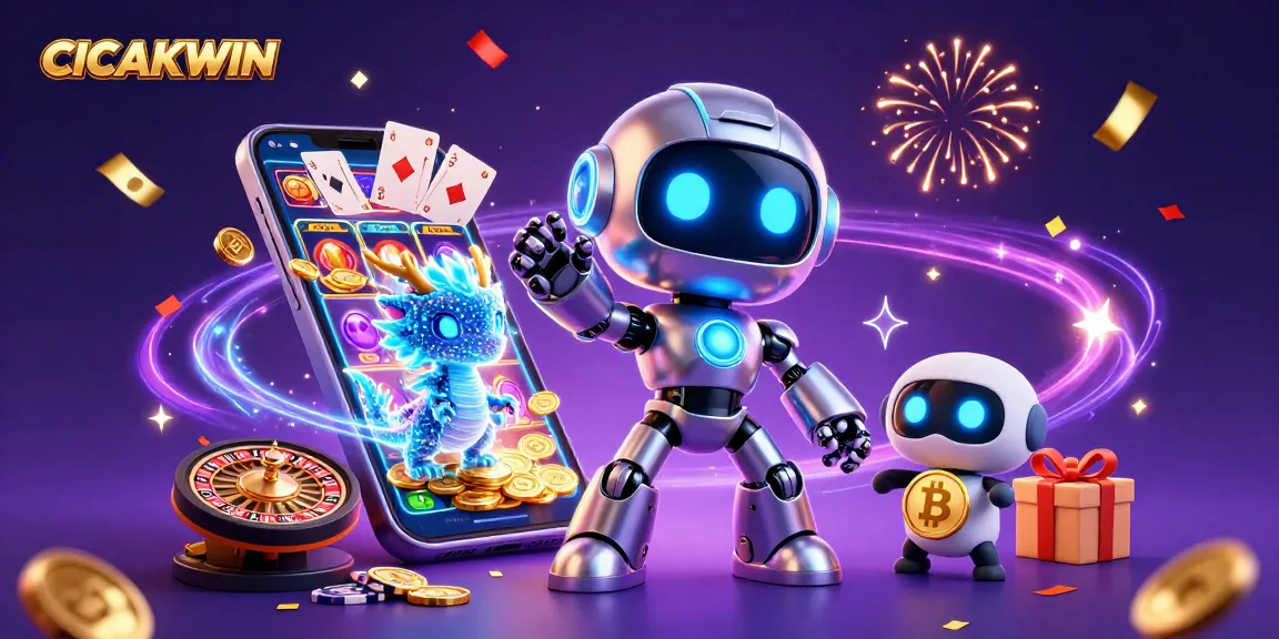 CICAKWIN slot gaming scene with a cyberpunk robot mascot, AI dragon, and bitcoin drone amidst spinning slot reels and gold coins.