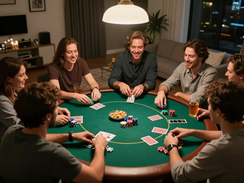 Friends enjoying a lively poker night at home, celebrating wins with 33WIN's engaging atmosphere.