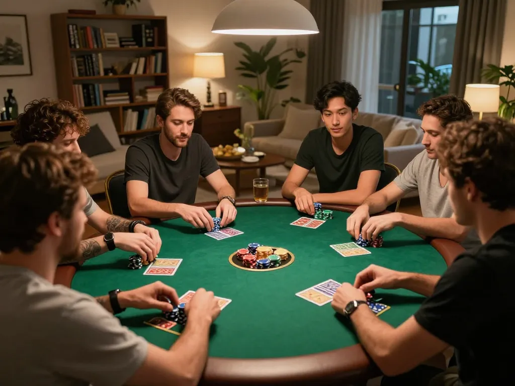 Engaged players strategizing during a lively poker game at home, showcasing 33win's exciting gaming atmosphere.