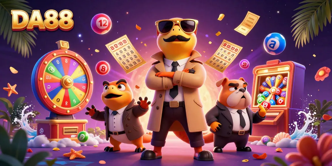 Experience DA88 with animated raptors attempting to enter a casino, surrounded by dynamic lottery elements.