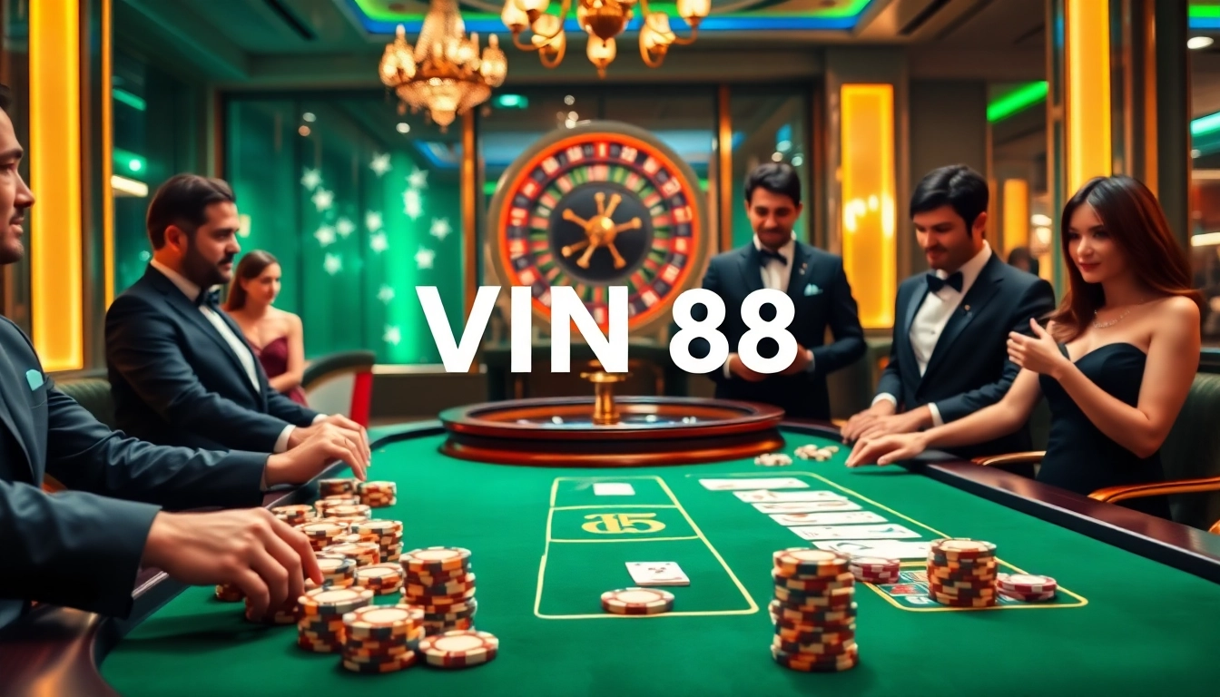 Engage with thrilling casino games at VIN 88 through an exciting gambling scene featuring poker and roulette.