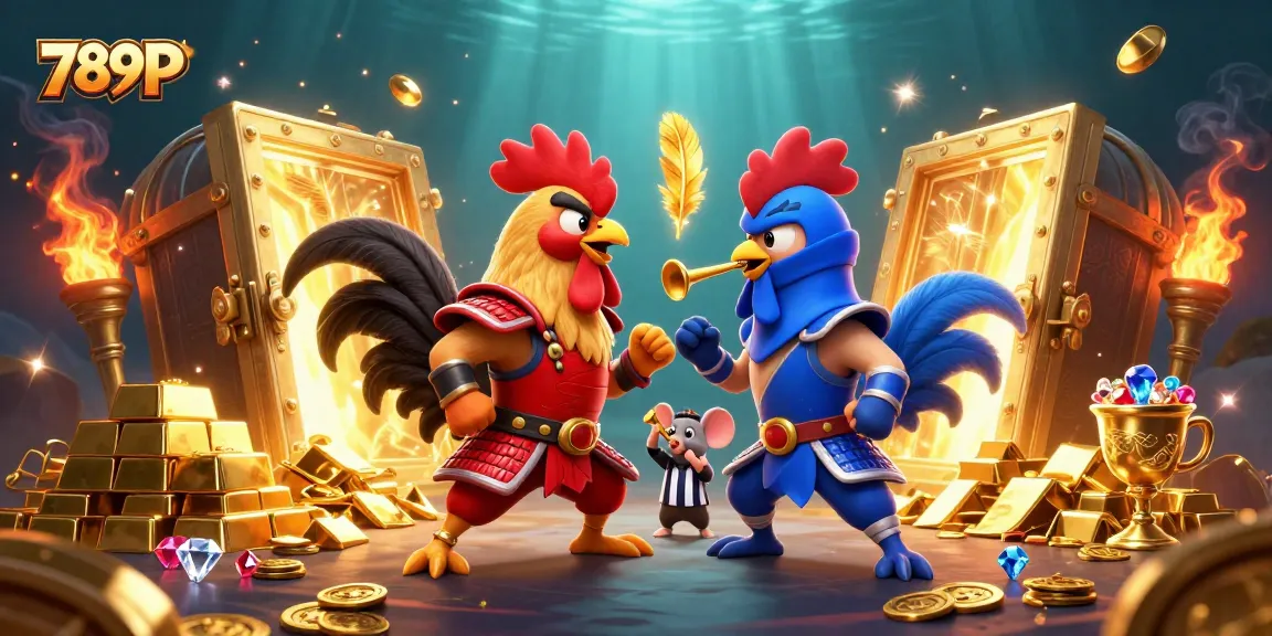 Engage with the thrilling world of 789P as fighting roosters battle amidst treasures in a vibrant casino.