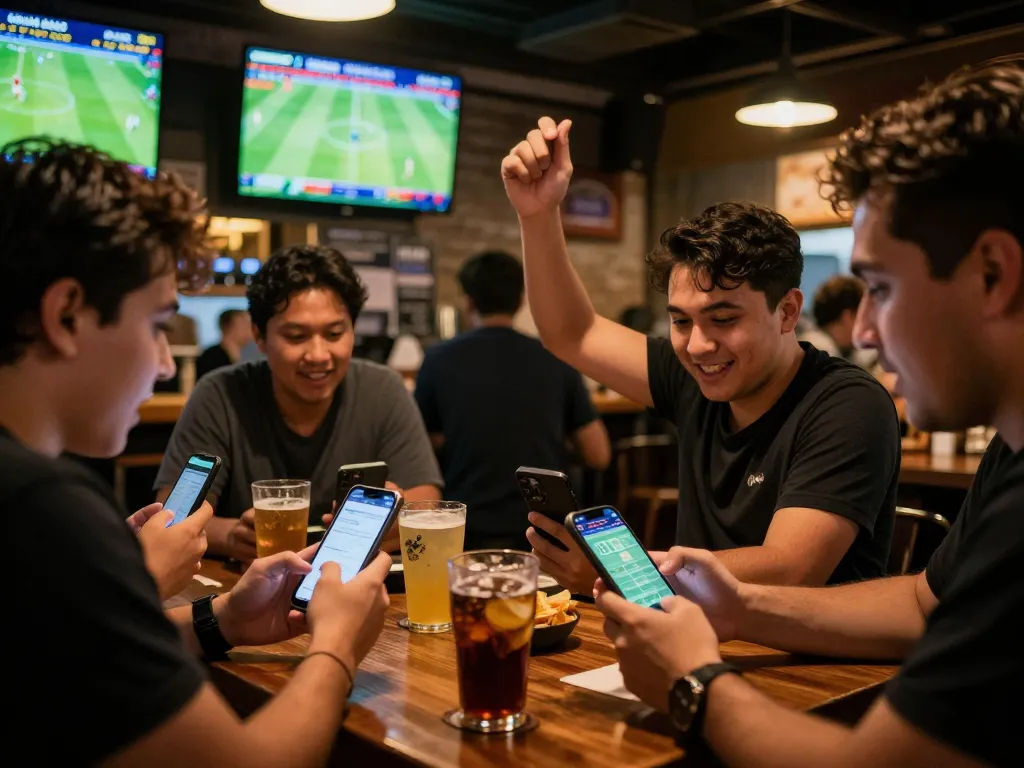 Bóng đá Bet168 betting excitement with sports fans placing bets using smartphones in a lively sports bar.