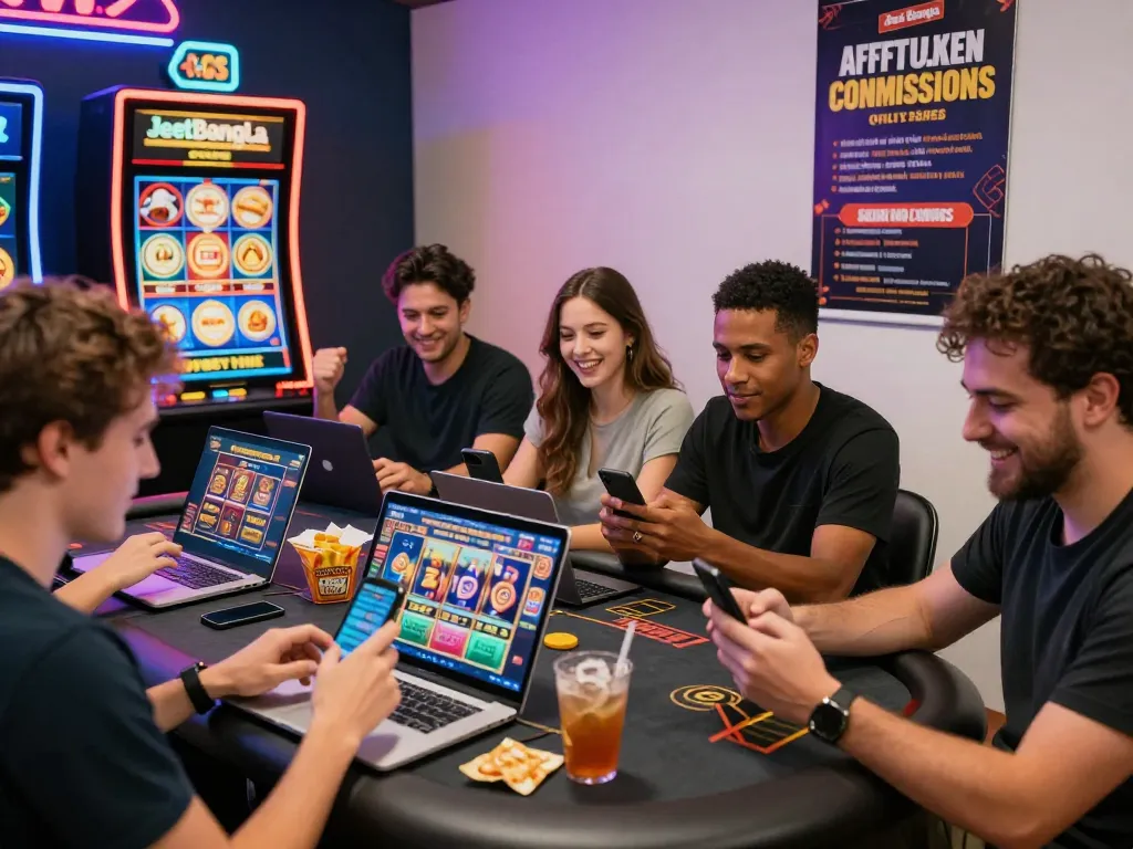 Young adults discussing JeetBangla affiliate opportunities in a vibrant casino environment, showcasing excitement and engagement.