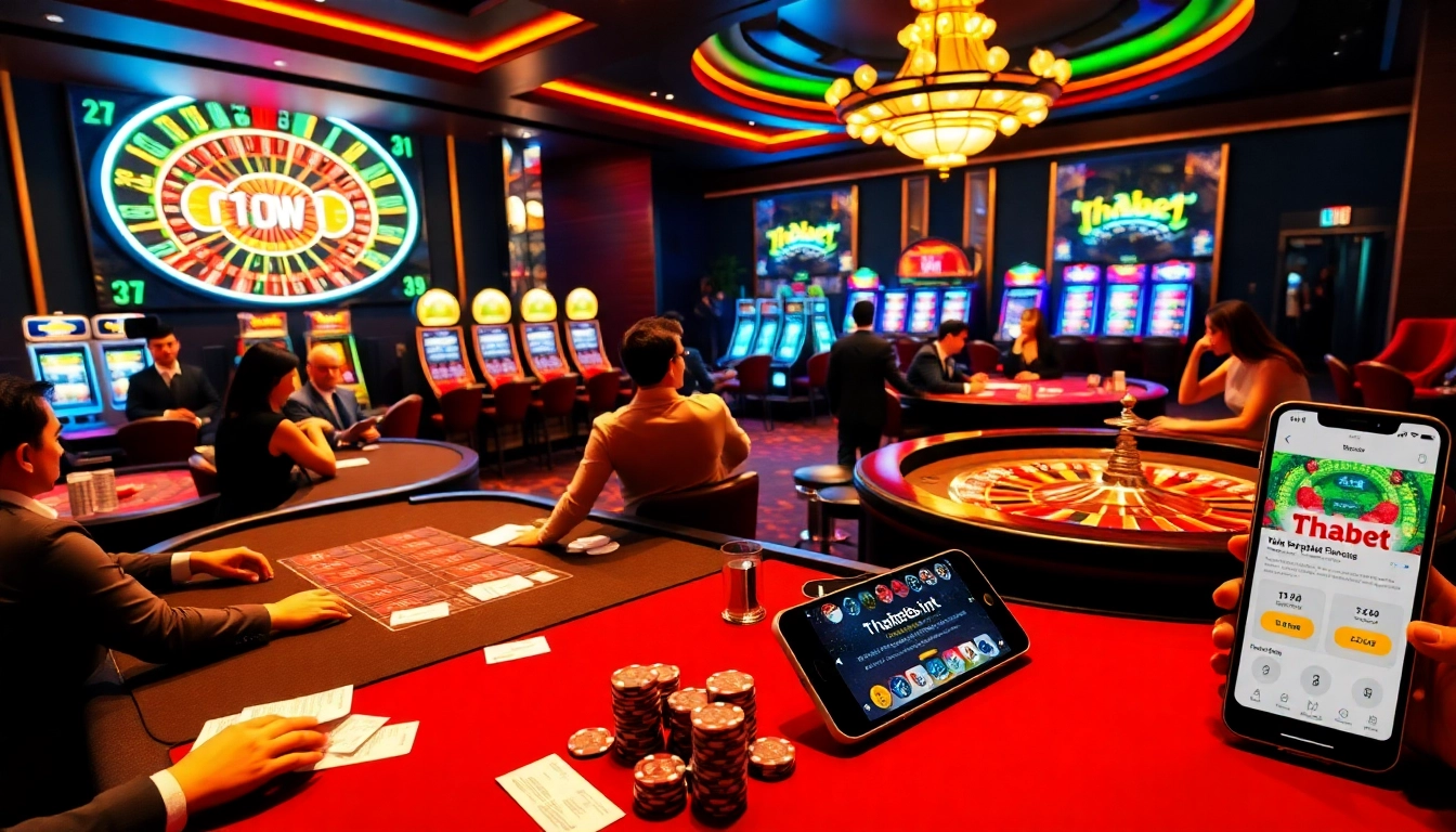 Experience excitement with the thabet link at a luxury casino setting, showcasing vibrant tables and strategic gambling.