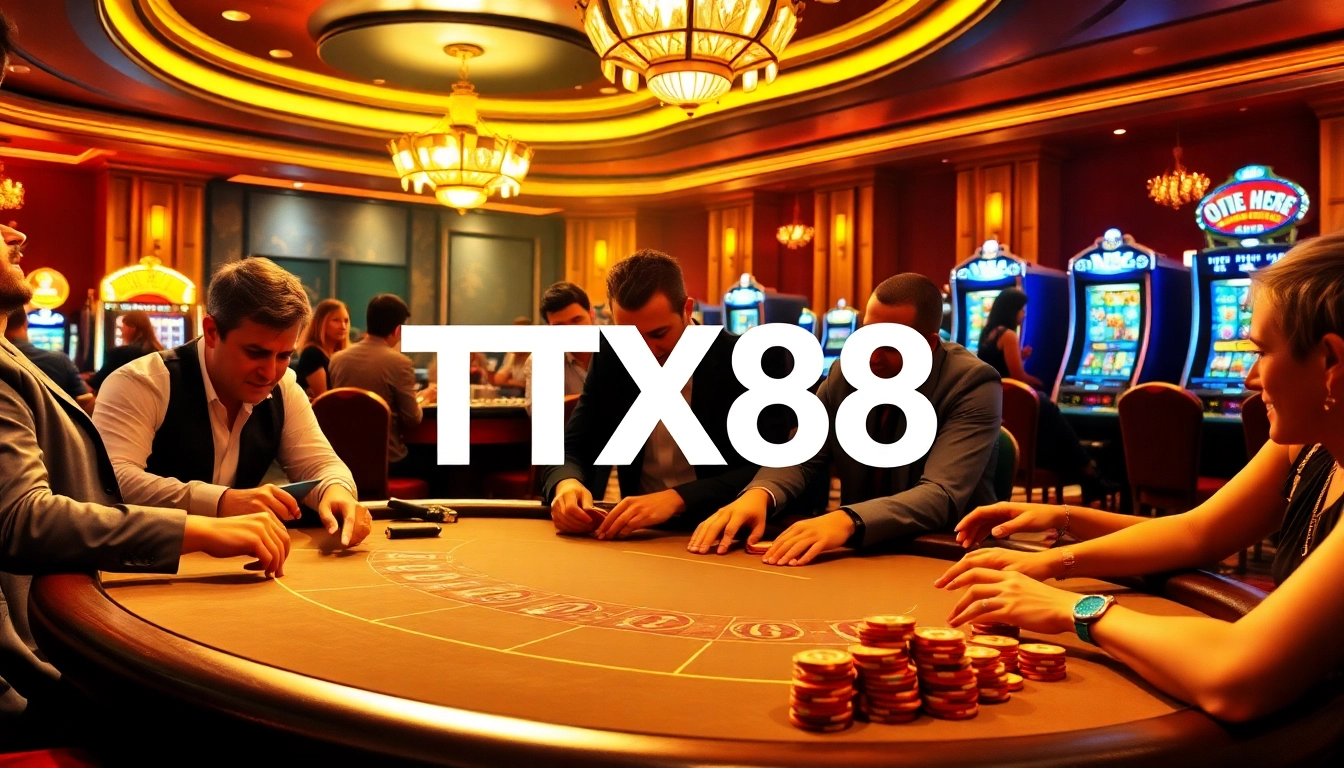 Engaged gamblers playing poker at a vibrant casino table featuring TX88, showcasing excitement and strategy.