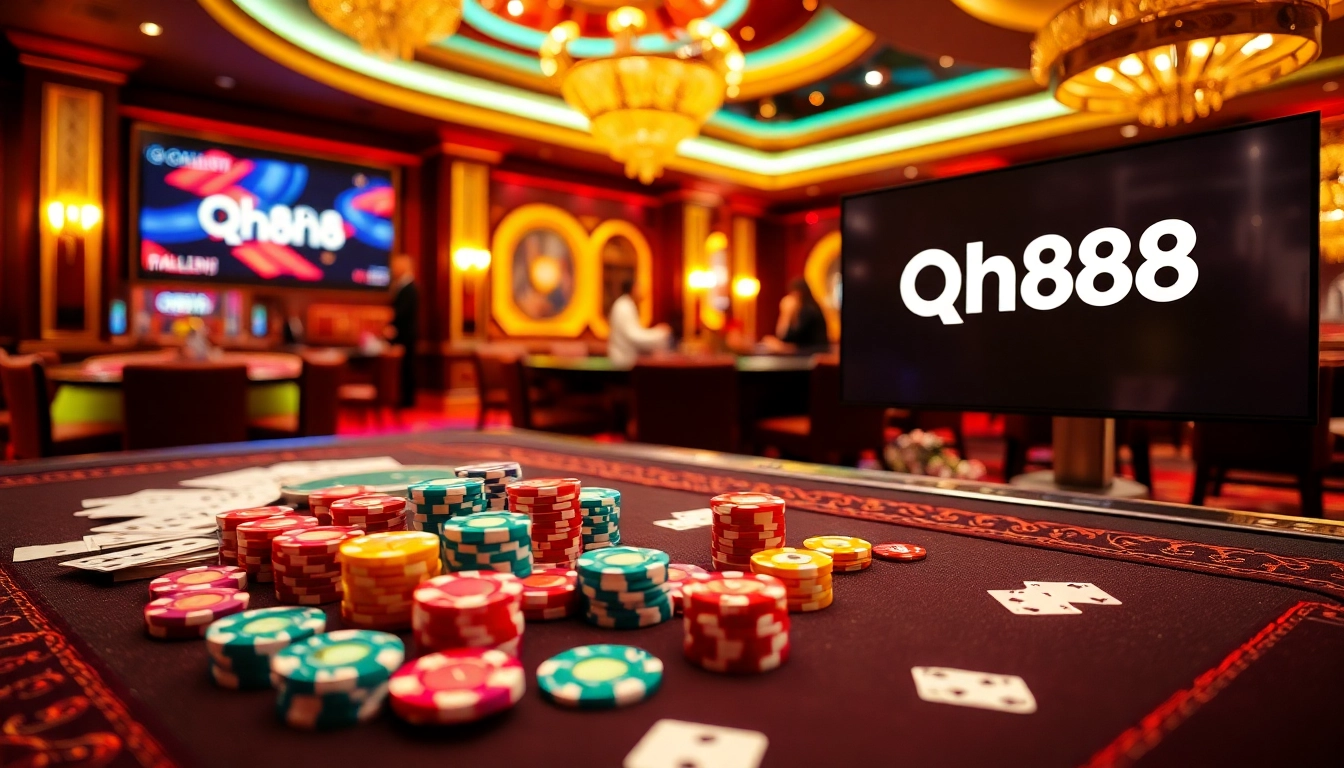 Experience the thrill of qh88 online gambling at a luxurious casino table with chips and cards.