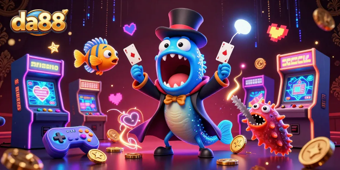 Engage with da88's vibrant gaming scene featuring a deep-sea gulper eel performing casino magic tricks.
