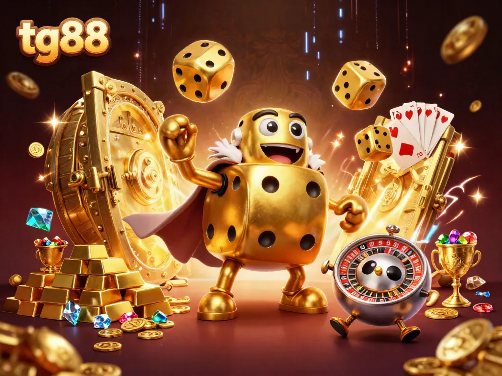 Experience the thrill of tg88 with a golden dice golem, jewels, and an exciting casino setting.