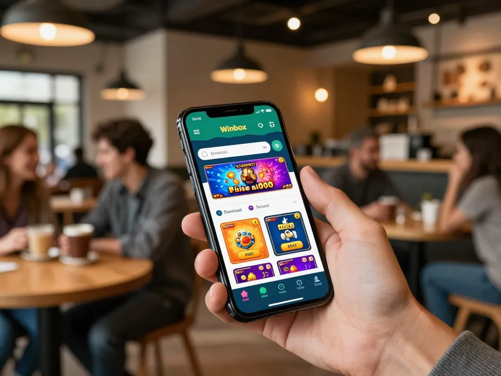 Engaging hands holding smartphone showcasing the download Winbox mobile casino app interface with vibrant game options
