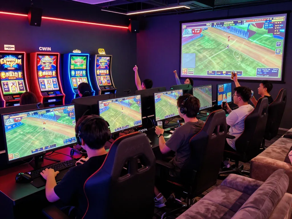 Engaged players in a vibrant gaming lounge at CWIN enjoying online betting action