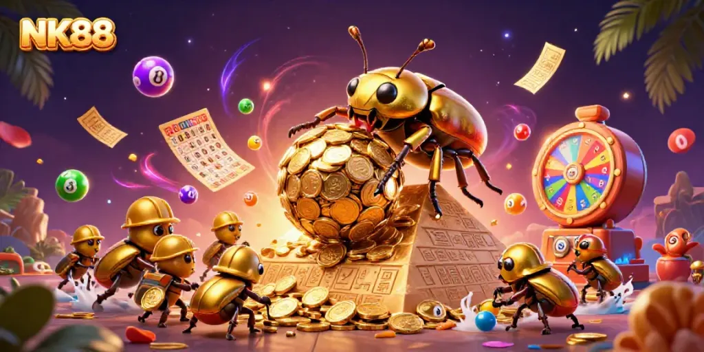 Experience the thrill of winning at NK88 with vibrant lottery balls and golden coins.