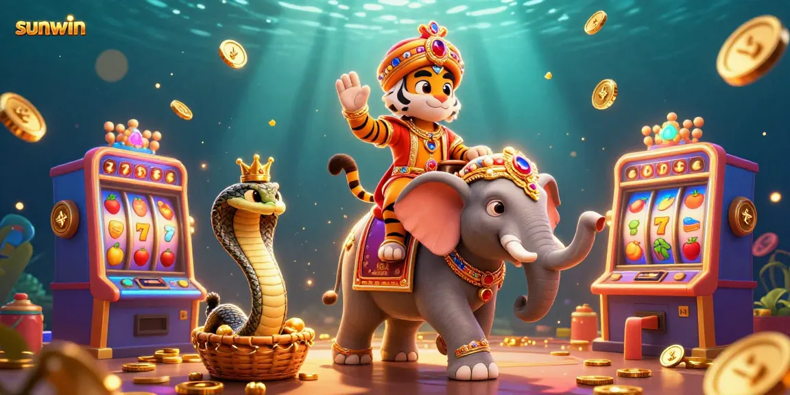 Win big with sunwin in this vibrant 3D casino scene featuring a majestic tiger and slot machines.