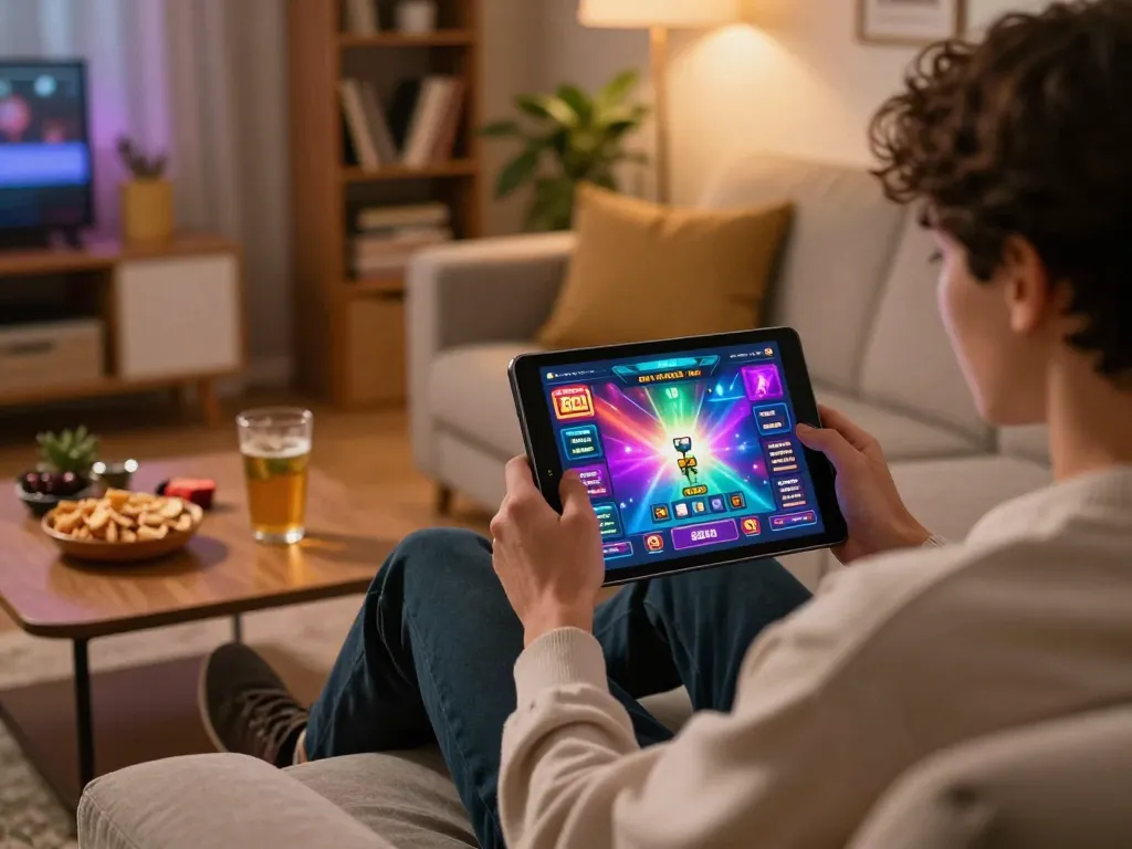 Player enjoying 88clb online casino game on tablet in a cozy home setup
