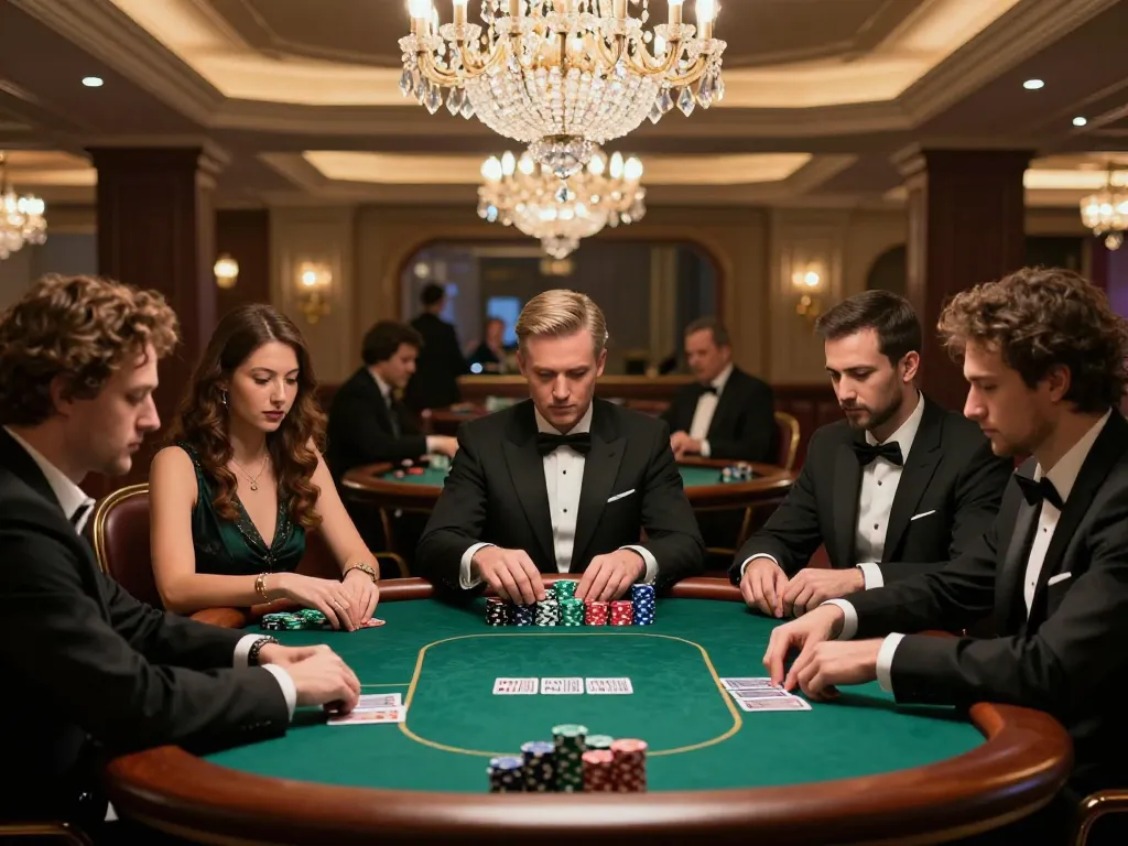 Players engaged in a high-stakes poker game at GA 88's luxurious casino, showcasing strategic gameplay.