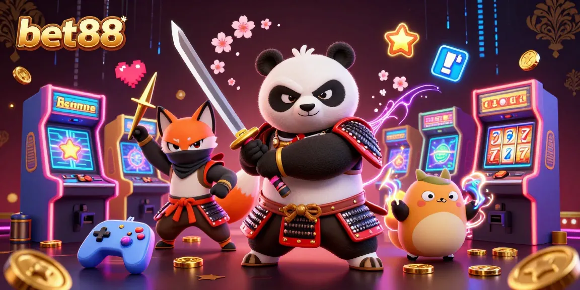 Experience the thrill of bet88 with samurai panda and ninja fox in a vibrant casino gaming scene.