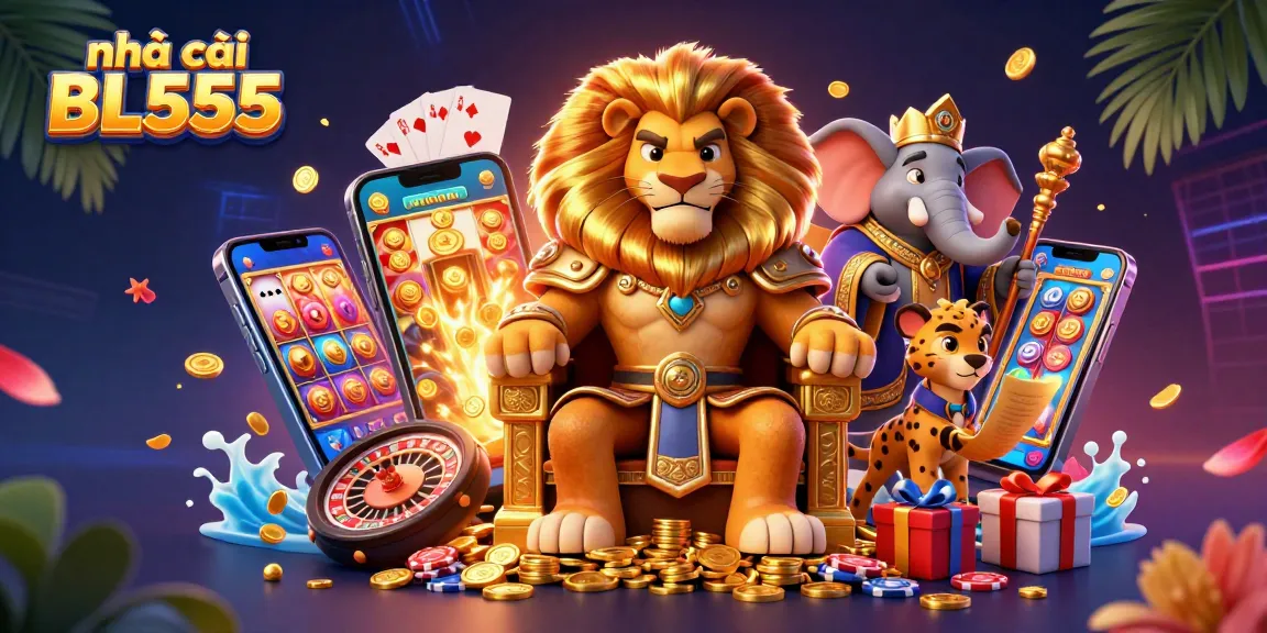 Experience the thrill of nhà cái BL555 with a vibrant 3D casino scene featuring characters and engaging games.