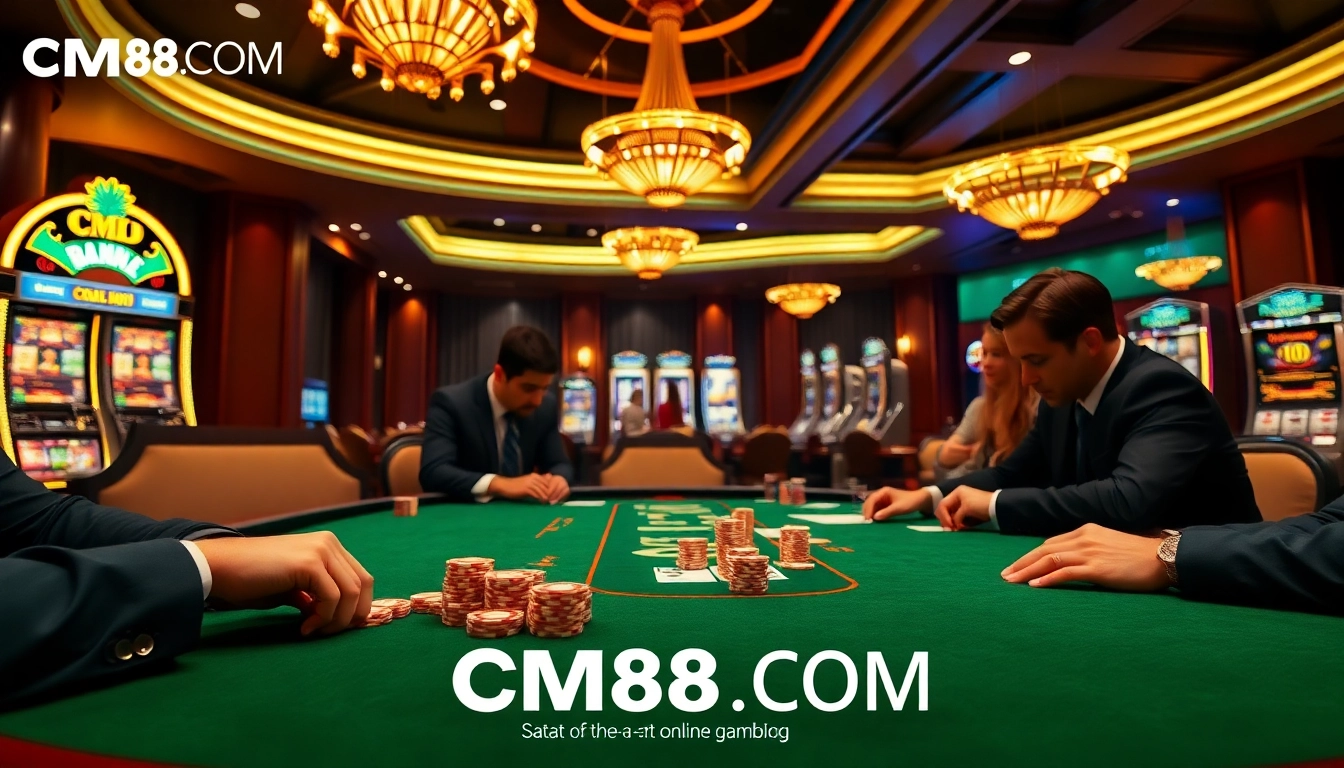Experience the thrill at CM88 COM with a vibrant poker table scene featuring luxurious chips and guests focused on their game.