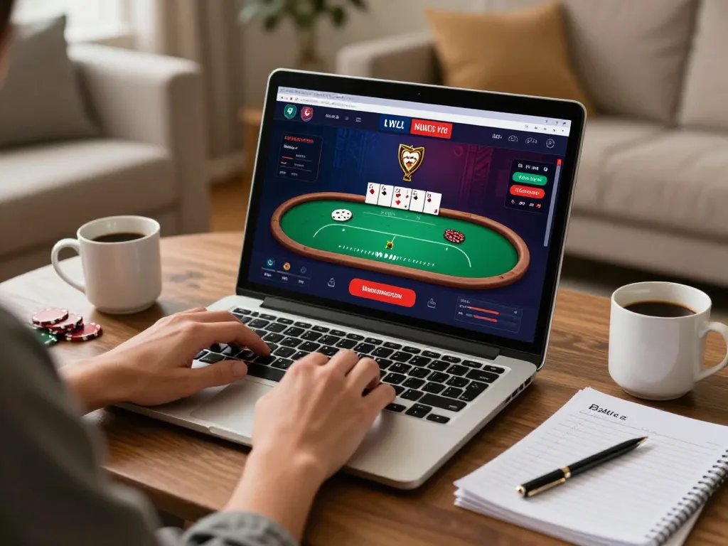 Engaging in online poker at home while using Nhà cái KONG88 for strategic gameplay.