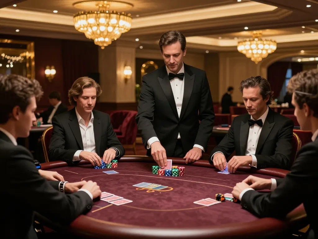 Players engaging in a high-stakes poker game at a luxurious vipwin room, highlighting dealer and chips.