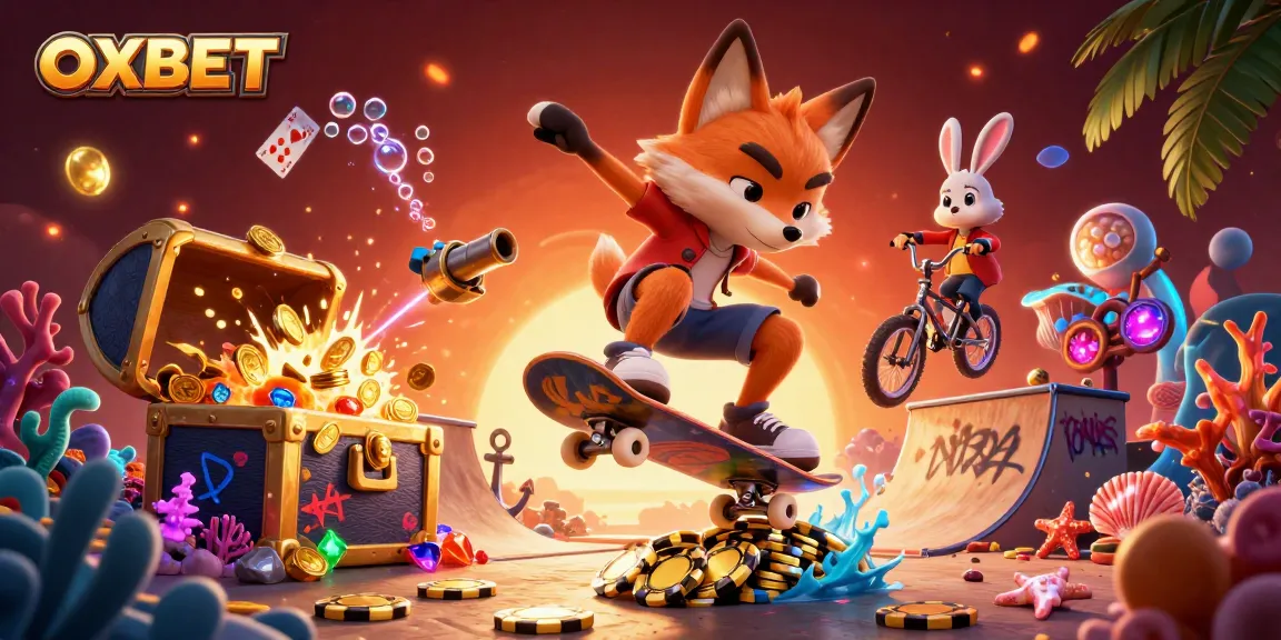 Play and win with OXBET at an exciting 3D casino scene featuring vivid gaming elements.