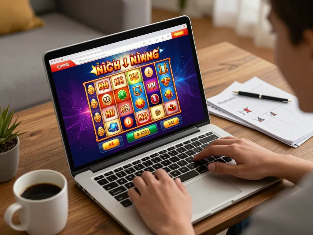 Nổ hũ gameplay on a laptop in a cozy home setting, showcasing vibrant casino graphics and excitement.