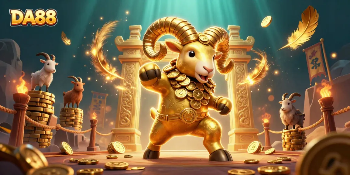 Join DA88 in an exciting casino adventure with a dynamic golden ram charging through a spectacular gaming scene.