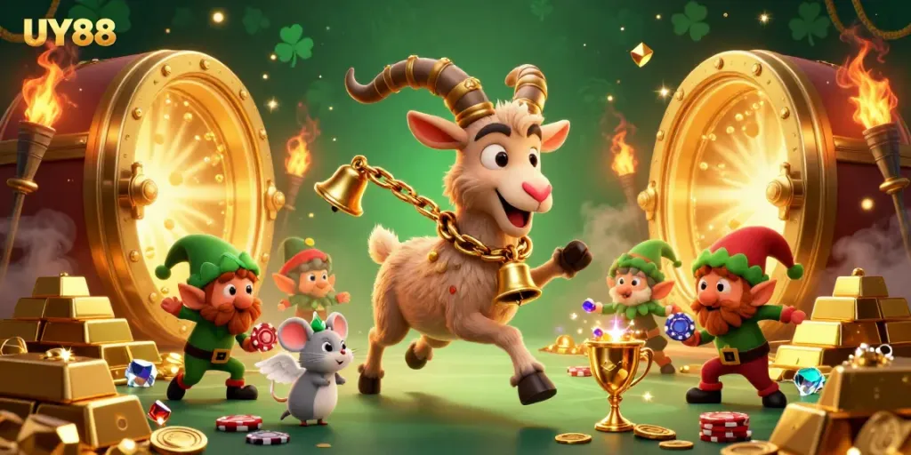 Engaging UY88 gambling scene with a Krampus goat, an angel mouse, and elf gremlins amidst casino festivities.