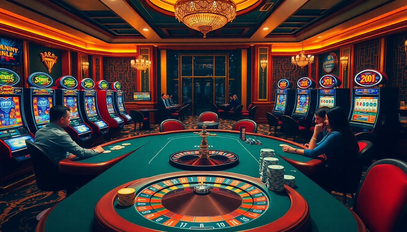 Engaging poker action at 789pa.in.net showcasing vibrant slot machines and roulette table.