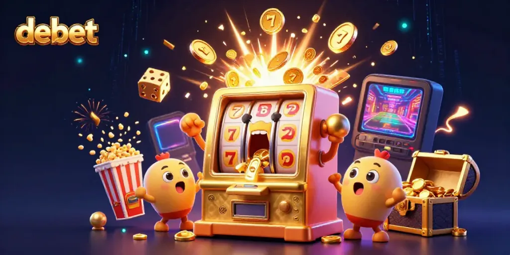 Experience debet's thrilling jackpot celebration with a golden slot machine, vibrant confetti, and high-energy visuals.