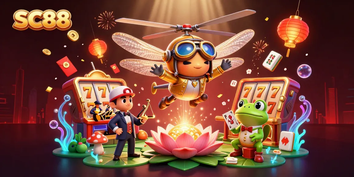 Experience the thrill of SC88 with a lively casino scene featuring dragonfly pilot and frog dealer.