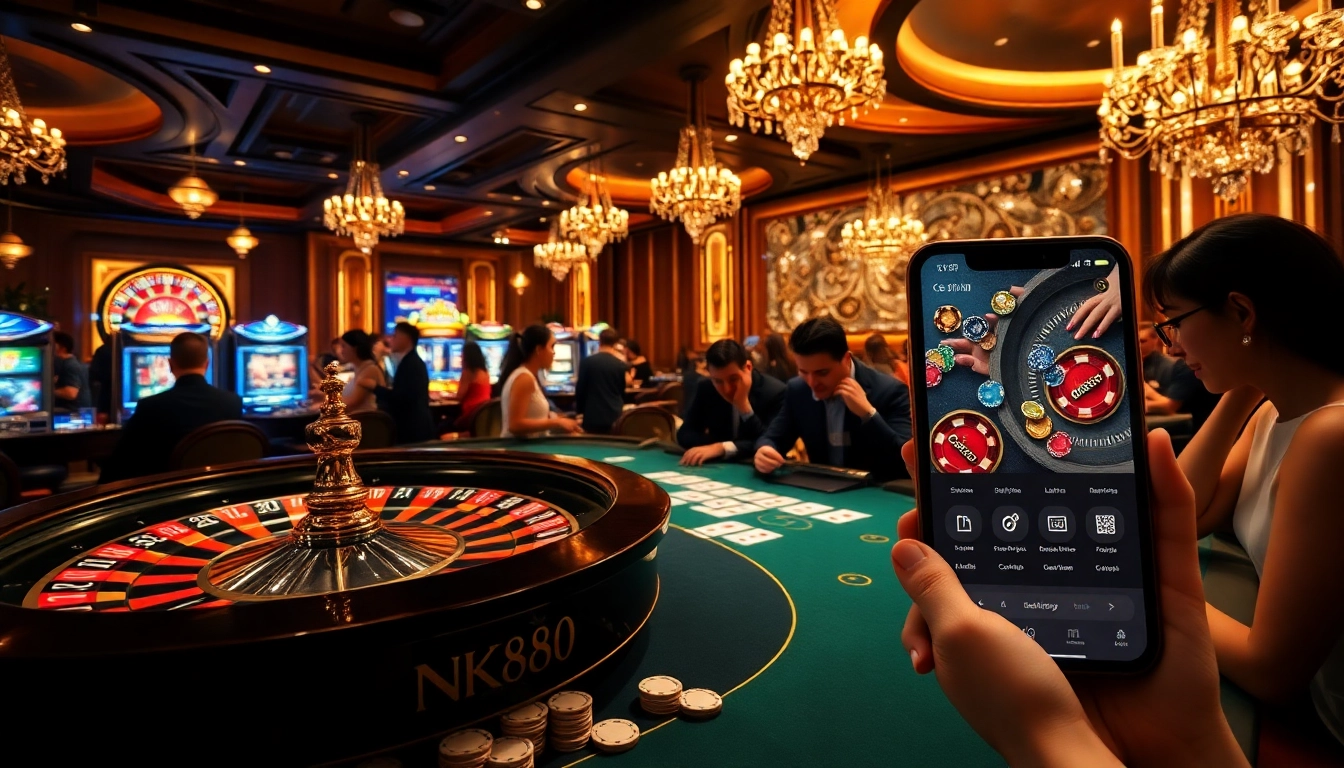 Exciting gambling scene featuring NK88 app interface and dynamic players at casino tables.
