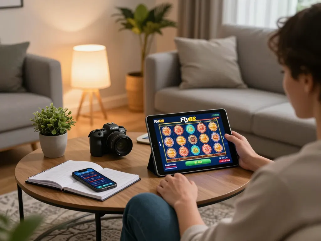 Engaged player enjoying Fly88 games on tablet in cozy home environment, showcasing a blend of responsible gaming and comfort.