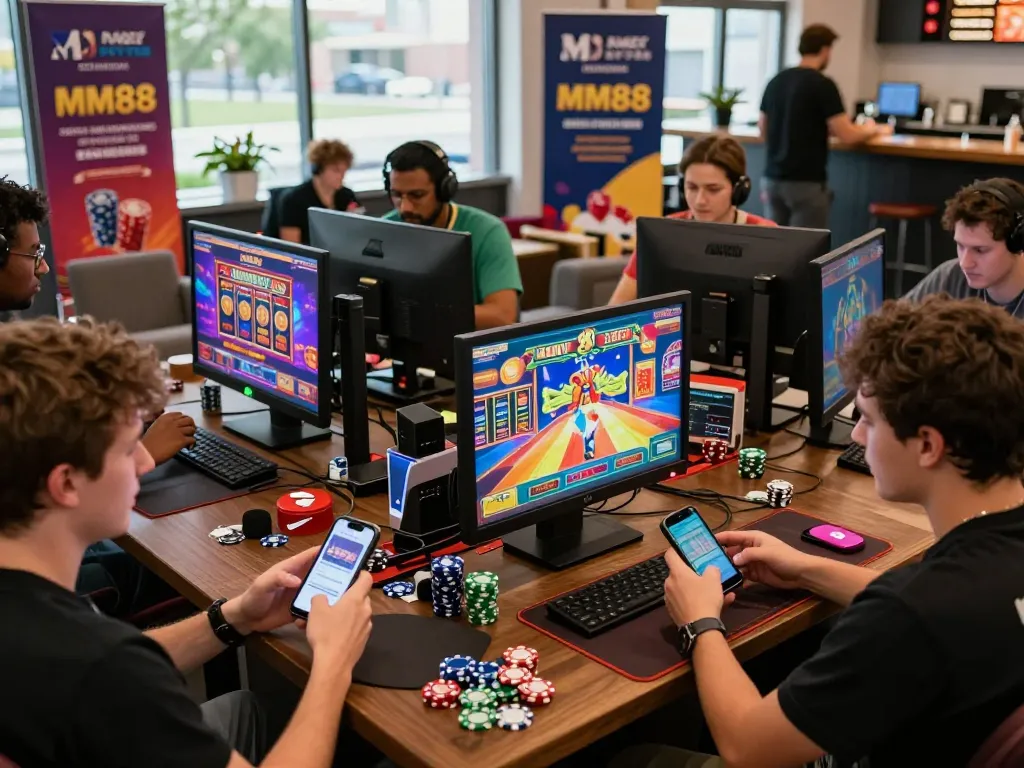 Players enjoying MM88 games in a vibrant online gaming lounge with colorful ambiance and social interaction.