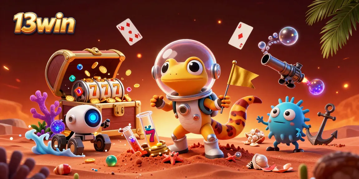 13win Martian gecko finds a golden casino in a colorful gambling adventure, surrounded by dynamic game elements.