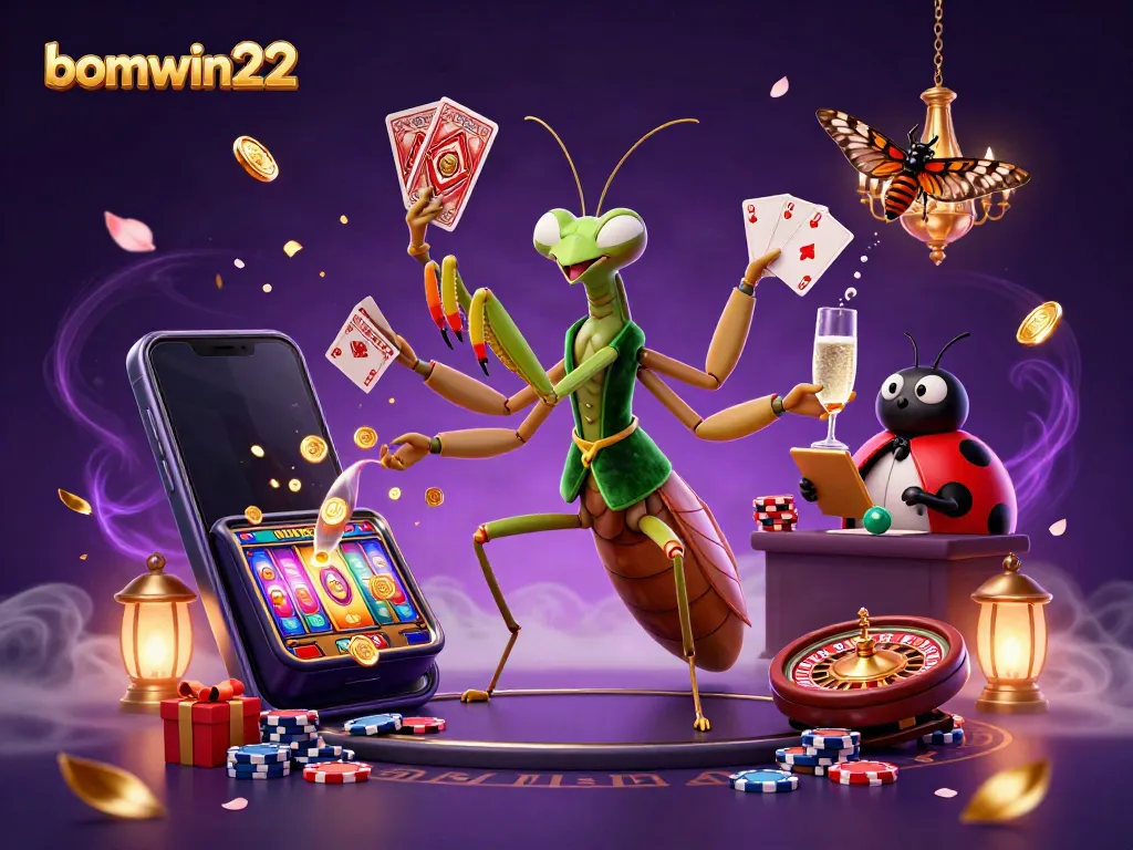 The bomwin22 casino scene features a giant mantis card sharp and ladybug pit boss amidst vibrant gaming elements.