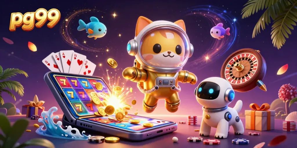 pg99 introduces players to vibrant slot action featuring a space cat and casino elements.