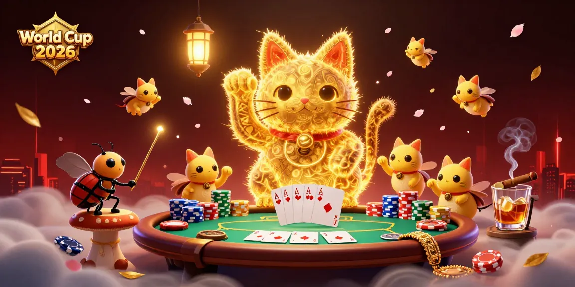 Experience the excitement of World Cup 2026 with a vibrant casino scene featuring a lucky cat and poker elements.