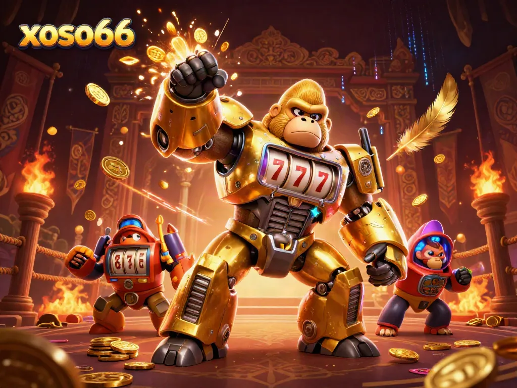 Xoso66's engaging lottery game illustration featuring a dynamic golden gorilla mech surrounded by vibrant casino elements.