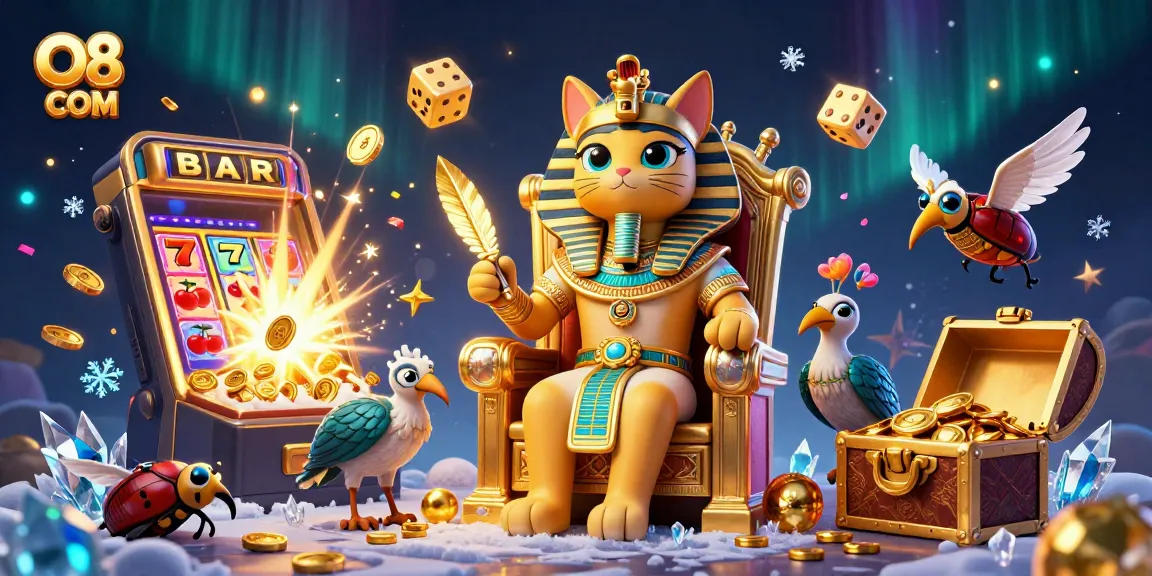 Engage with O8 COM's captivating 3D casino scene featuring thrilling slot machines and dynamic characters.