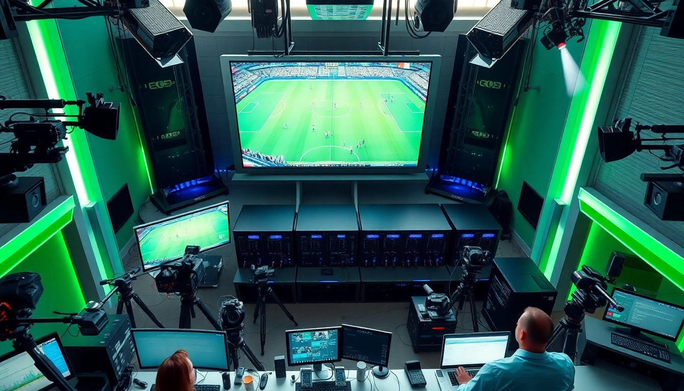 Capture dynamic sports broadcasting in a modern studio showcasing equipment and live coverage.