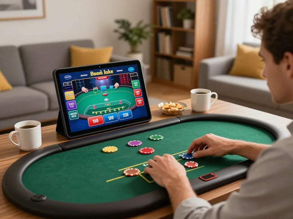 Người chơi LUCK8 tương tác với các dealer trực tiếp trên máy tính bảng trong một không gian chơi game ấm cúng tại nhà.