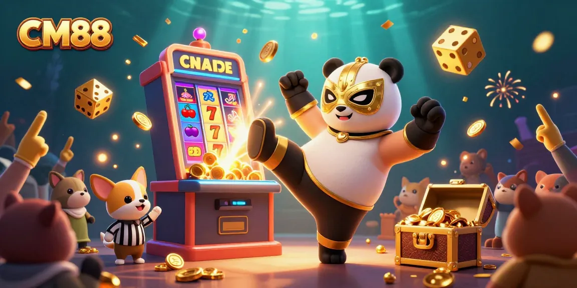 Experience CM88's excitement with a wild scene of a panda wrestler kicking, surrounded by casino elements.