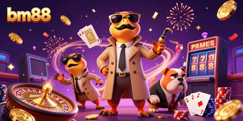 Experience the thrill of bm88 with cartoon raptors in a casino scene, capturing excitement and joy.