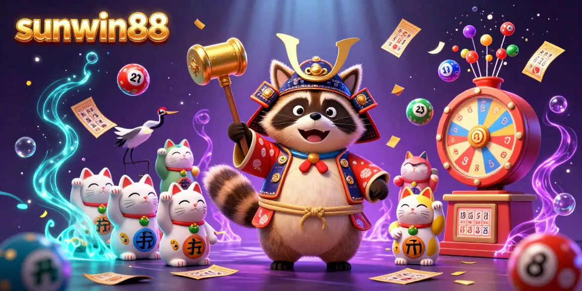 Engage with sunwin88's lively gaming scene featuring a cheerful tanuki, fortune cats, and dynamic lottery elements.