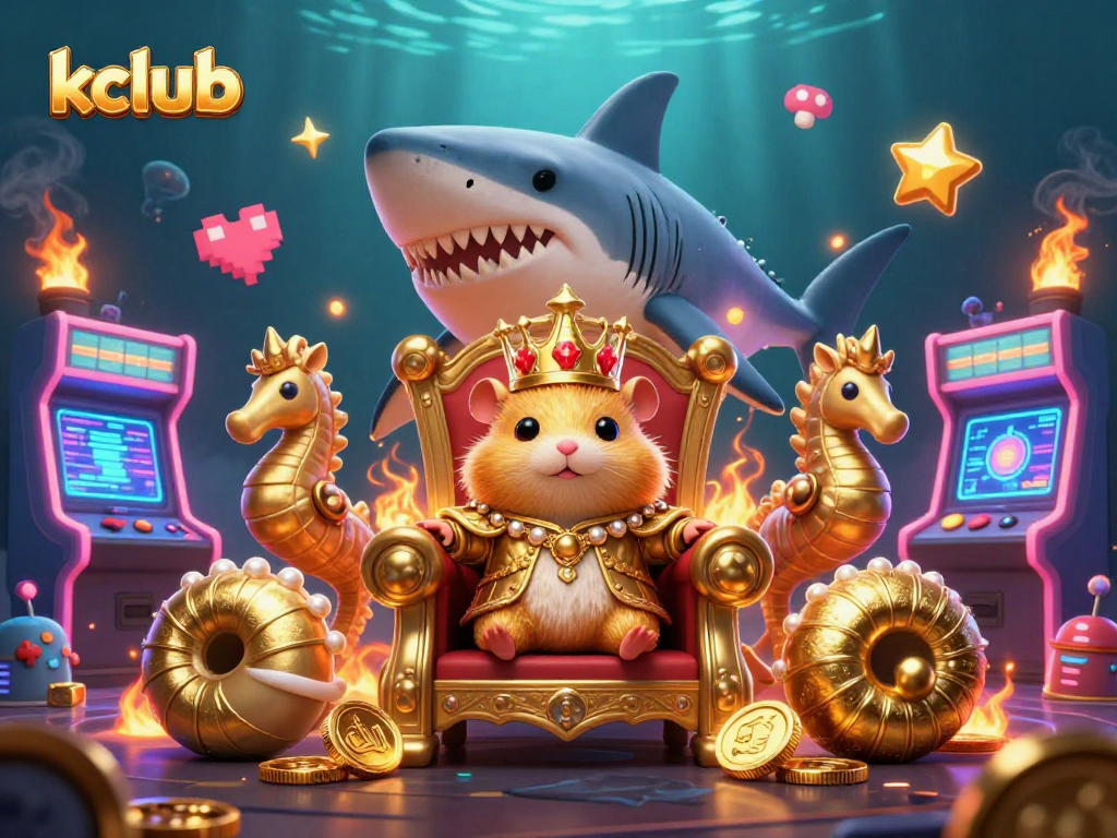 Kclub's golden hamster king ruling a vibrant casino undersea realm with game elements and glowing visuals